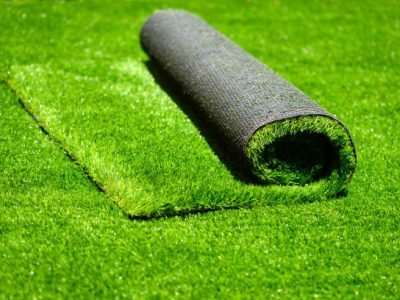 artificial rolled green grass; closeup